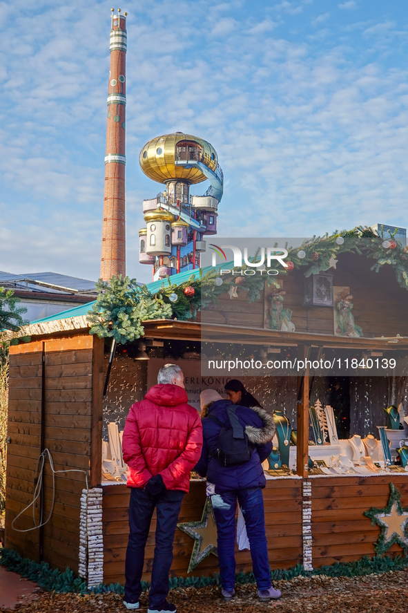 The Christmas Market at Kuchlbauer Turm, Kuchlbauer Tower, in Abensberg, Bavaria, Germany, on December 5, 2024, becomes a festive destinatio...