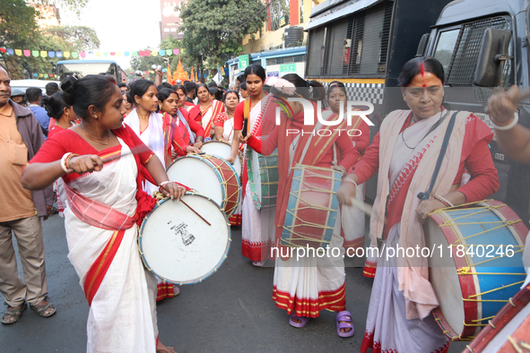 Hindu women protest to stop the atrocities against Bangladesh's Hindu minority community in Kolkata, India, on December 6, 2024. 