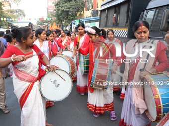 Hindu women protest to stop the atrocities against Bangladesh's Hindu minority community in Kolkata, India, on December 6, 2024. (