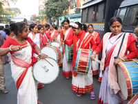 Hindu women protest to stop the atrocities against Bangladesh's Hindu minority community in Kolkata, India, on December 6, 2024. (