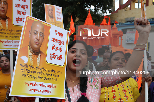 Hindu women hold a protest against the recent arrest of ISKCON Bangladesh priest Chinmoy Krishna Das by Dhaka police and to stop the atrocit...