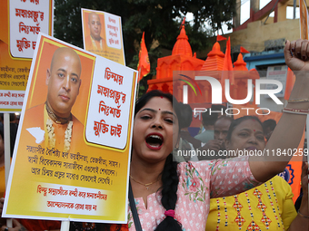 Hindu women hold a protest against the recent arrest of ISKCON Bangladesh priest Chinmoy Krishna Das by Dhaka police and to stop the atrocit...