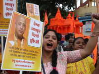 Hindu women hold a protest against the recent arrest of ISKCON Bangladesh priest Chinmoy Krishna Das by Dhaka police and to stop the atrocit...