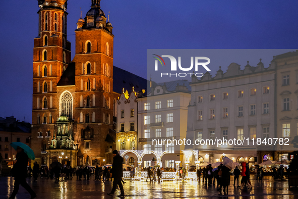 Christmas decorations and traditional Christmas market at the Main Square in Krakow, Poland on October 6, 2024. 