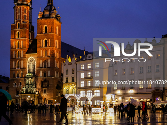 Christmas decorations and traditional Christmas market at the Main Square in Krakow, Poland on October 6, 2024. (