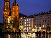 Christmas decorations and traditional Christmas market at the Main Square in Krakow, Poland on October 6, 2024. (