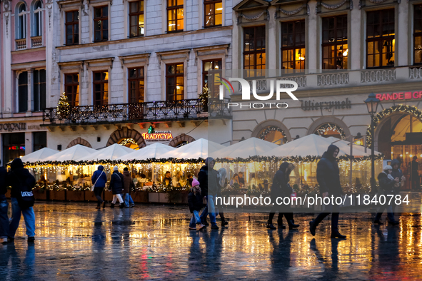 Christmas decorations and traditional Christmas market at the Main Square in Krakow, Poland on October 6, 2024. 