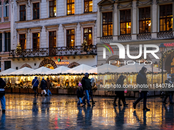 Christmas decorations and traditional Christmas market at the Main Square in Krakow, Poland on October 6, 2024. (