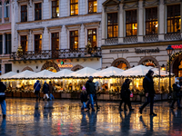 Christmas decorations and traditional Christmas market at the Main Square in Krakow, Poland on October 6, 2024. (