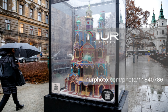 Nativity scene is seen on Matejko Square as Christmas decorations become present in Krakow, Poland on October 6, 2024. Krakow has a long and...