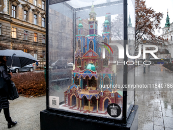 Nativity scene is seen on Matejko Square as Christmas decorations become present in Krakow, Poland on October 6, 2024. Krakow has a long and...