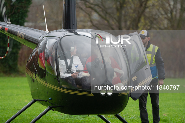 The helicopter with Santa Claus arrives in Essen Steele, Germany, on December 6, 2024. 