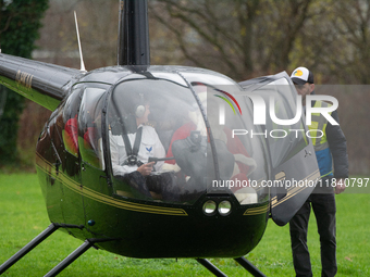 The helicopter with Santa Claus arrives in Essen Steele, Germany, on December 6, 2024. (