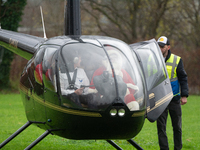 The helicopter with Santa Claus arrives in Essen Steele, Germany, on December 6, 2024. (