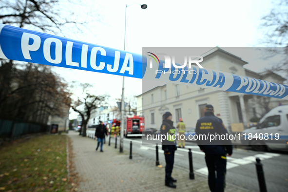 Police, city guards and fire services exercise emergency drills at the US embassy in Warsaw, Poland on 06 December, 2024. Emergency services...