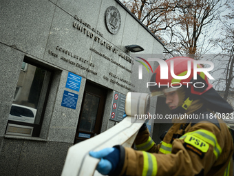 Police, city guards and fire services exercise emergency drills at the US embassy in Warsaw, Poland on 06 December, 2024. Emergency services...