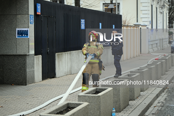 Police, city guards and fire services exercise emergency drills at the US embassy in Warsaw, Poland on 06 December, 2024. Emergency services...