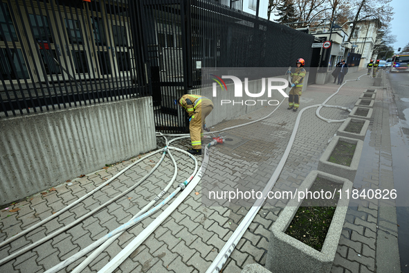 Police, city guards and fire services exercise emergency drills at the US embassy in Warsaw, Poland on 06 December, 2024. Emergency services...