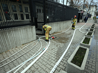 Police, city guards and fire services exercise emergency drills at the US embassy in Warsaw, Poland on 06 December, 2024. Emergency services...