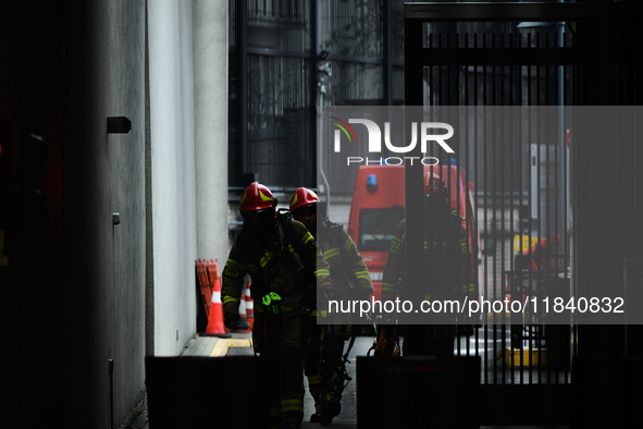 Police, city guards and fire services exercise emergency drills at the US embassy in Warsaw, Poland on 06 December, 2024. Emergency services...