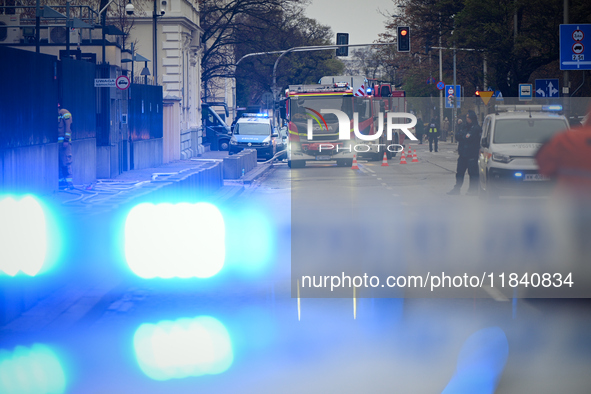 Police, city guards and fire services exercise emergency drills at the US embassy in Warsaw, Poland on 06 December, 2024. Emergency services...