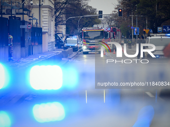 Police, city guards and fire services exercise emergency drills at the US embassy in Warsaw, Poland on 06 December, 2024. Emergency services...