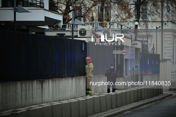 Police, city guards and fire services exercise emergency drills at the US embassy in Warsaw, Poland on 06 December, 2024. Emergency services...