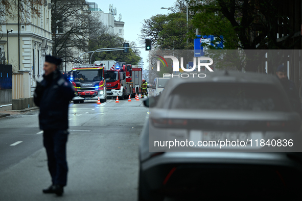 Police, city guards and fire services exercise emergency drills at the US embassy in Warsaw, Poland on 06 December, 2024. Emergency services...