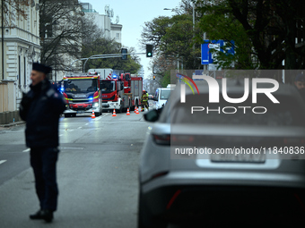 Police, city guards and fire services exercise emergency drills at the US embassy in Warsaw, Poland on 06 December, 2024. Emergency services...