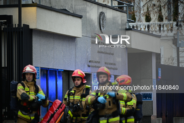 Police, city guards and fire services exercise emergency drills at the US embassy in Warsaw, Poland on 06 December, 2024. Emergency services...