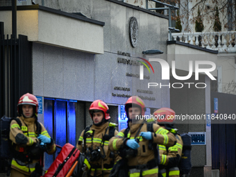 Police, city guards and fire services exercise emergency drills at the US embassy in Warsaw, Poland on 06 December, 2024. Emergency services...