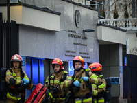 Police, city guards and fire services exercise emergency drills at the US embassy in Warsaw, Poland on 06 December, 2024. Emergency services...