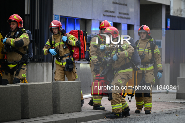 Police, city guards and fire services exercise emergency drills at the US embassy in Warsaw, Poland on 06 December, 2024. Emergency services...