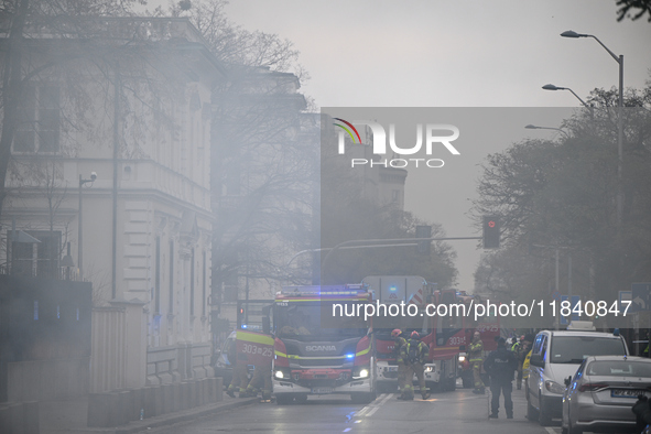 Police, city guards and fire services exercise emergency drills at the US embassy in Warsaw, Poland on 06 December, 2024. Emergency services...