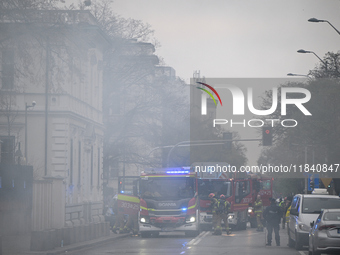 Police, city guards and fire services exercise emergency drills at the US embassy in Warsaw, Poland on 06 December, 2024. Emergency services...