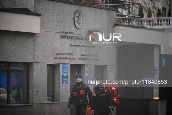 Police, city guards and fire services exercise emergency drills at the US embassy in Warsaw, Poland on 06 December, 2024. Emergency services...