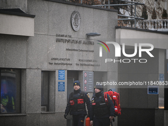 Police, city guards and fire services exercise emergency drills at the US embassy in Warsaw, Poland on 06 December, 2024. Emergency services...