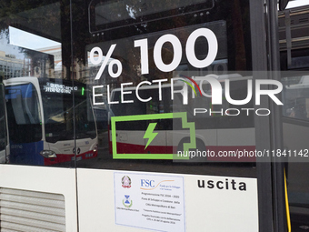 An image shows a fully electric bus operating in the city of Bari, Italy, on December 2, 2024. (