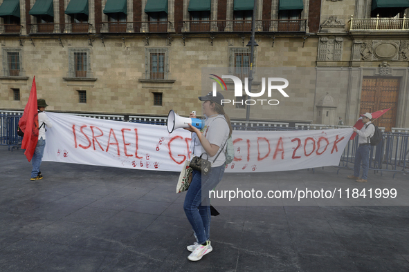 Palestinian activists and supporters demonstrate against the genocide in Gaza in the Zocalo of Mexico City, Mexico, on December 6, 2024, to...