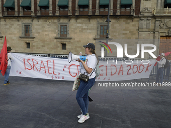 Palestinian activists and supporters demonstrate against the genocide in Gaza in the Zocalo of Mexico City, Mexico, on December 6, 2024, to...