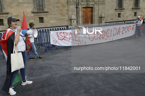 Palestinian activists and supporters demonstrate against the genocide in Gaza in the Zocalo of Mexico City, Mexico, on December 6, 2024, to...