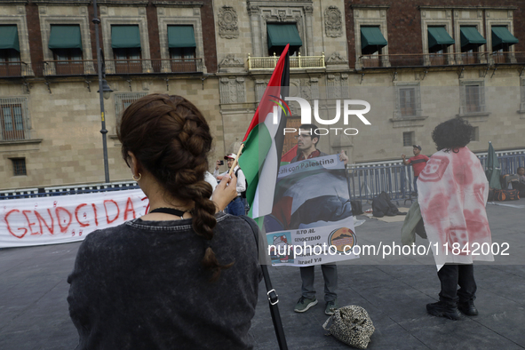 Palestinian activists and supporters demonstrate against the genocide in Gaza in the Zocalo of Mexico City, Mexico, on December 6, 2024, to...