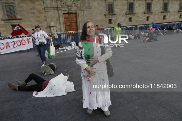 A woman sympathetic to Palestine demonstrates against the genocide in Gaza in the Zocalo of Mexico City, Mexico, on December 6, 2024, to dem...