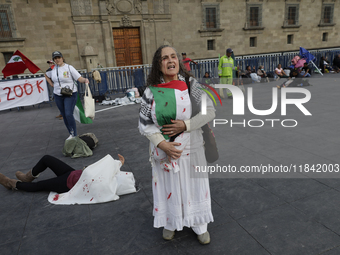 A woman sympathetic to Palestine demonstrates against the genocide in Gaza in the Zocalo of Mexico City, Mexico, on December 6, 2024, to dem...