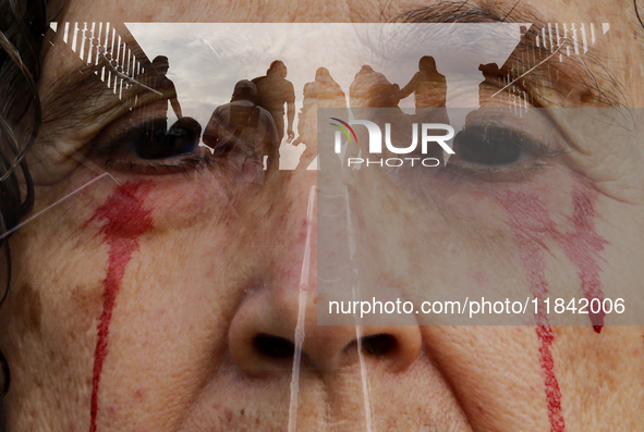 A double exposure captures a woman sympathetic to Palestine, who demonstrates against the genocide in Gaza in the Zocalo of Mexico City, Mex...