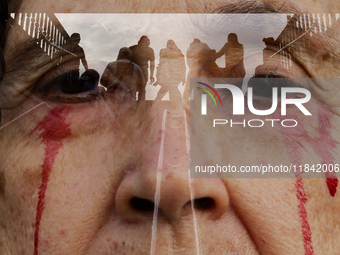 A double exposure captures a woman sympathetic to Palestine, who demonstrates against the genocide in Gaza in the Zocalo of Mexico City, Mex...