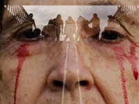 A double exposure captures a woman sympathetic to Palestine, who demonstrates against the genocide in Gaza in the Zocalo of Mexico City, Mex...