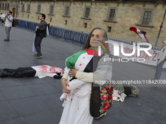 A woman sympathetic to Palestine demonstrates against the genocide in Gaza in the Zocalo of Mexico City, Mexico, on December 6, 2024, to dem...