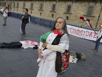 A woman sympathetic to Palestine demonstrates against the genocide in Gaza in the Zocalo of Mexico City, Mexico, on December 6, 2024, to dem...