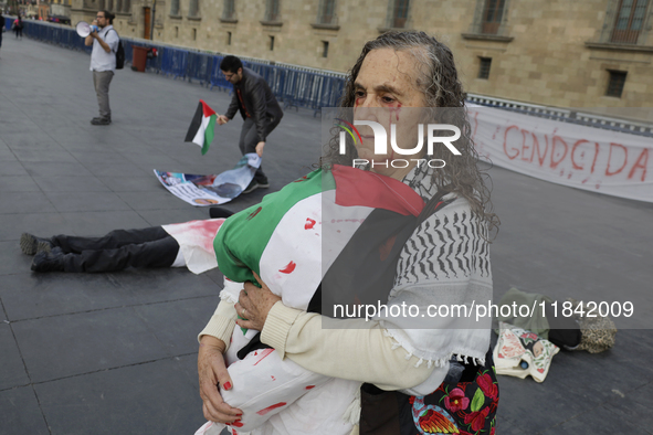 A woman sympathetic to Palestine demonstrates against the genocide in Gaza in the Zocalo of Mexico City, Mexico, on December 6, 2024, to dem...